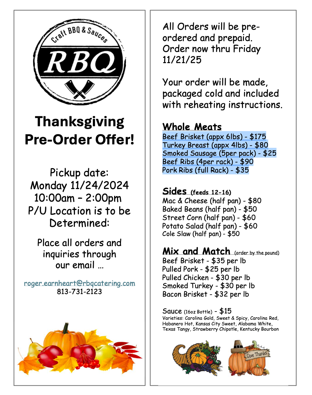 Thanksgiving Meal Pre Orders (Mix and Match order by the pound)